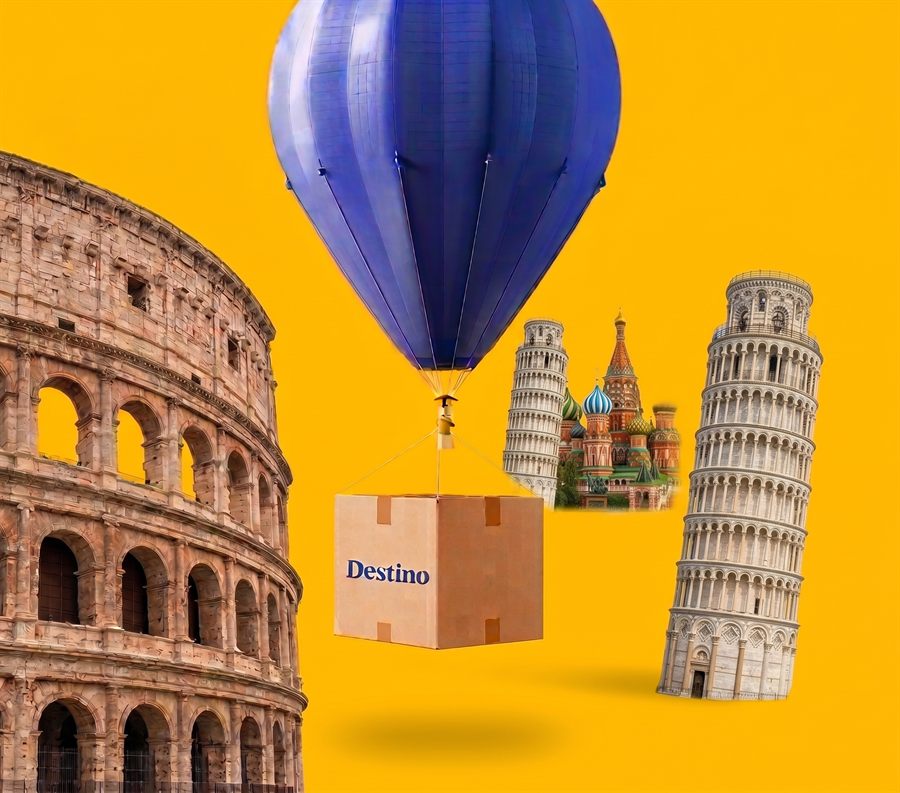 Coliseo, Pisa y globo aerostático con caja Destino